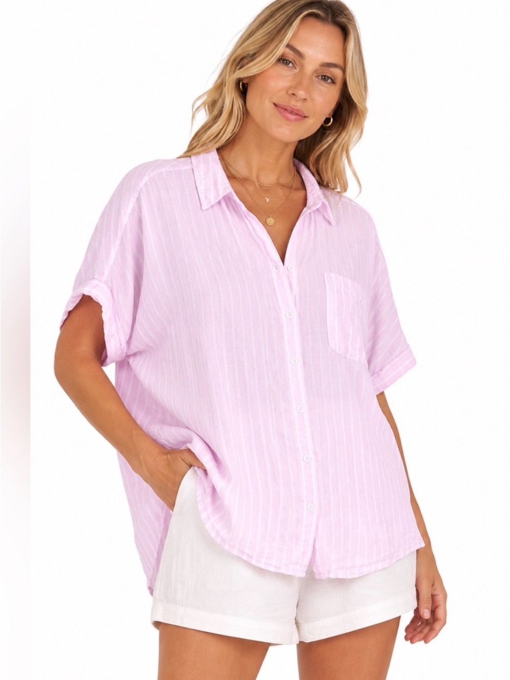 Lola River Anthropologie Kate Crocus Striped Pink Button-Front Blouse Women's